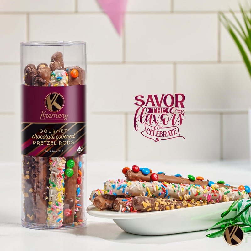 Nut Cravings KREMERY Creamy Chocolate Cravings - Halloween Treats For Adults Chocolate Covered Pretzel Rods Gift Basket, in Clear Tube (8 Pretzels, Assorted Sweet Toppings) Holiday Xmas Christmas Food Arrangement - Image 5